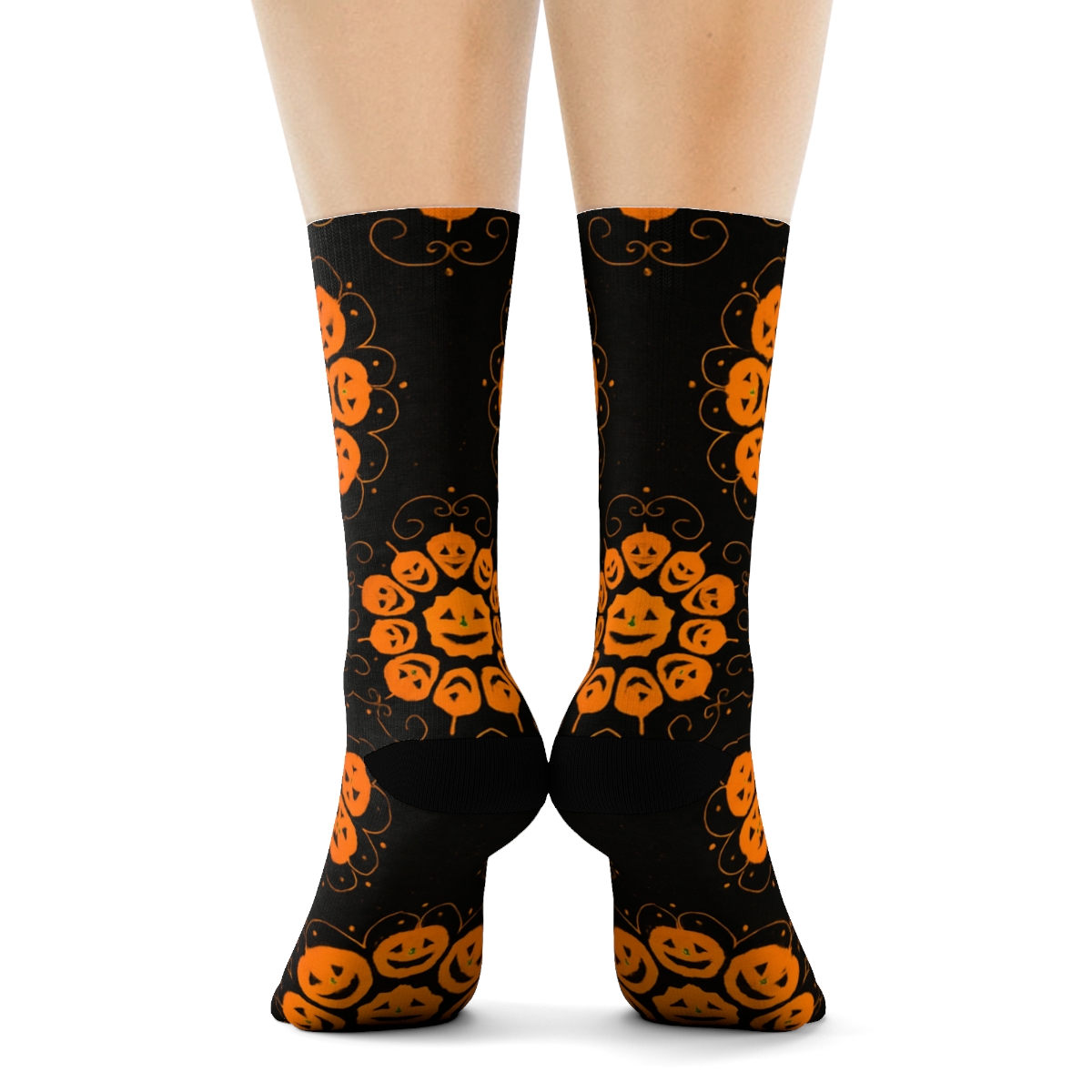 Glowing Jack O Lantern Rosette Tiles On Black Background premium sports crew socks