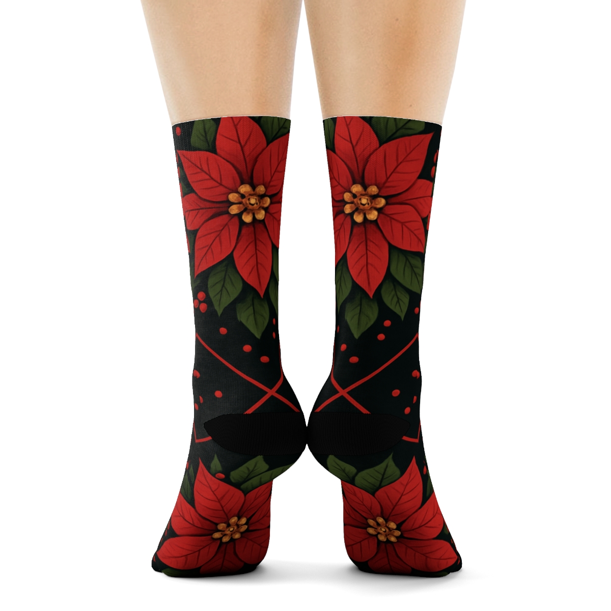 Crimson Poinsettia Star Lattice On Midnight Black custom crew socks