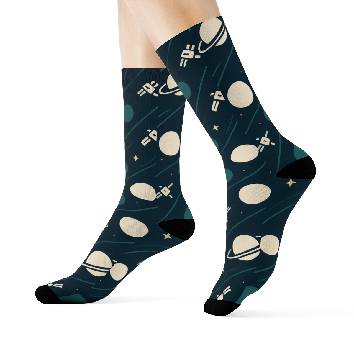 Ion Teal Orbital Band Tessellation On Deep Navy Background trendy patterned crew socks