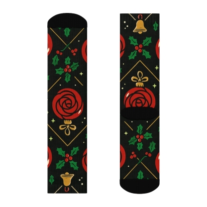 Crimson Rose Ornaments Lattice On Midnight Black Background designer printed crew socks
