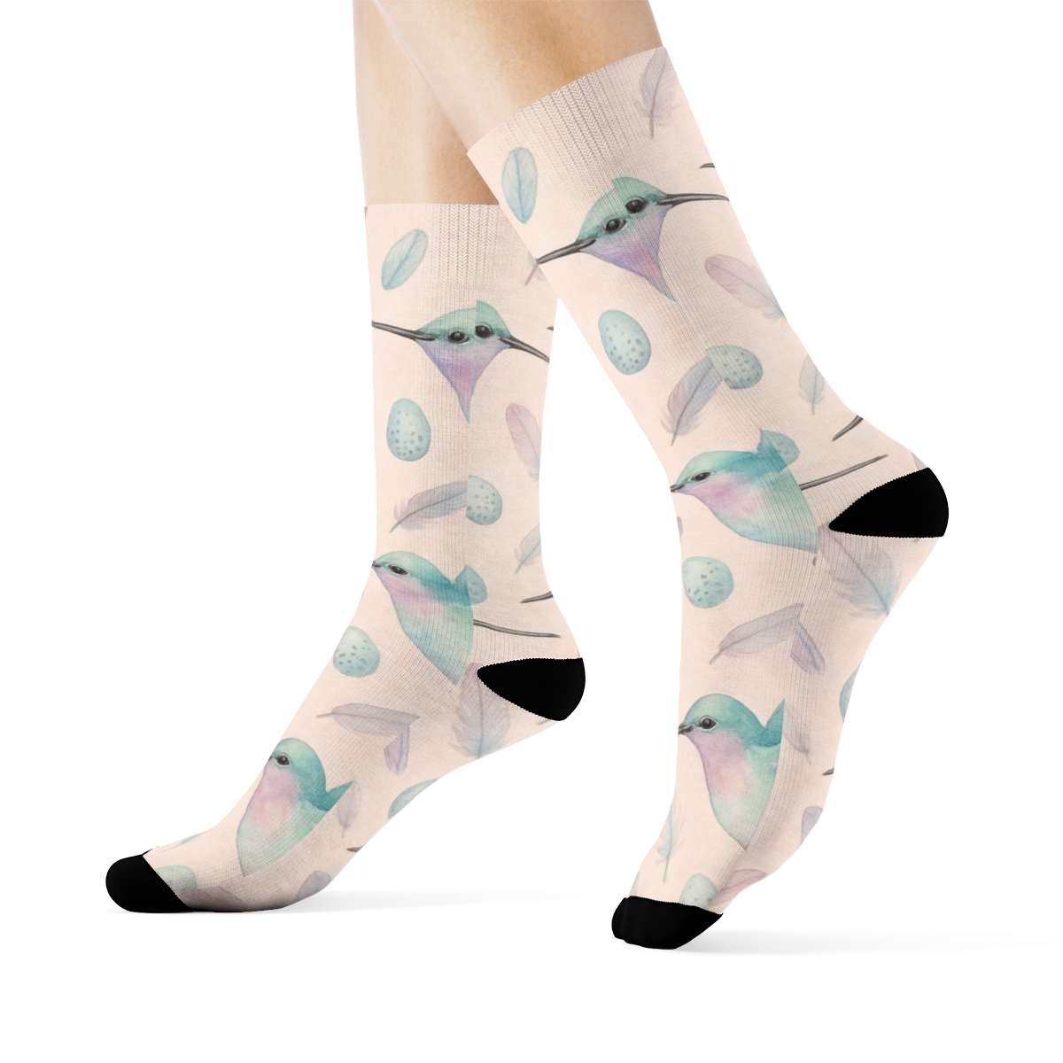 Pastel Hummingbird Garden Scatter On Blush designer printed crew socks