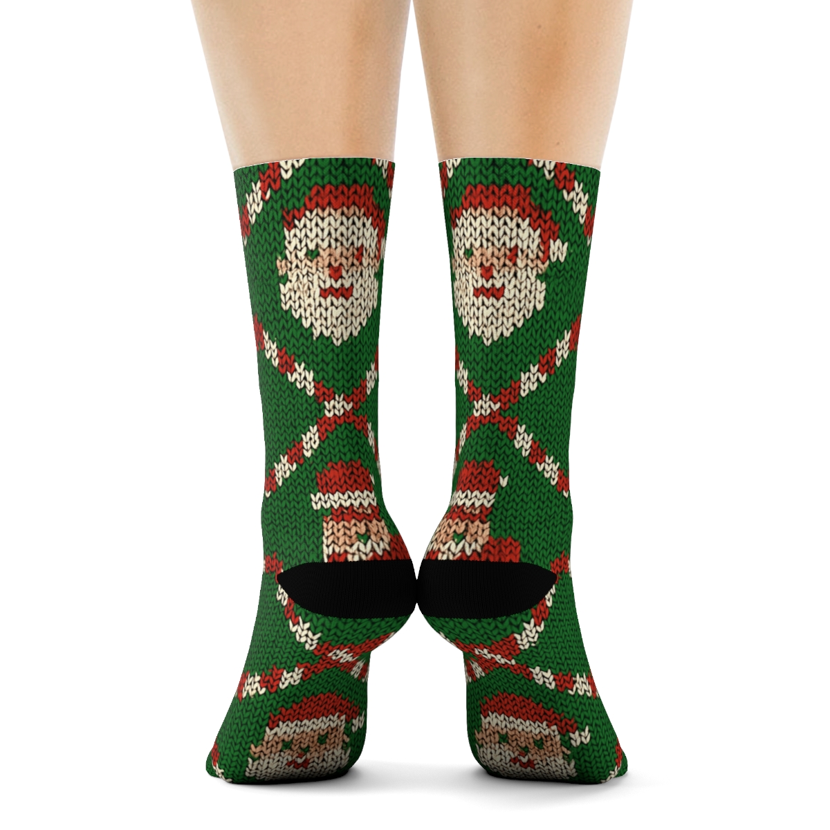 Knitted Candy Cane Lattice With Santa Claus Icons personalized crew socks
