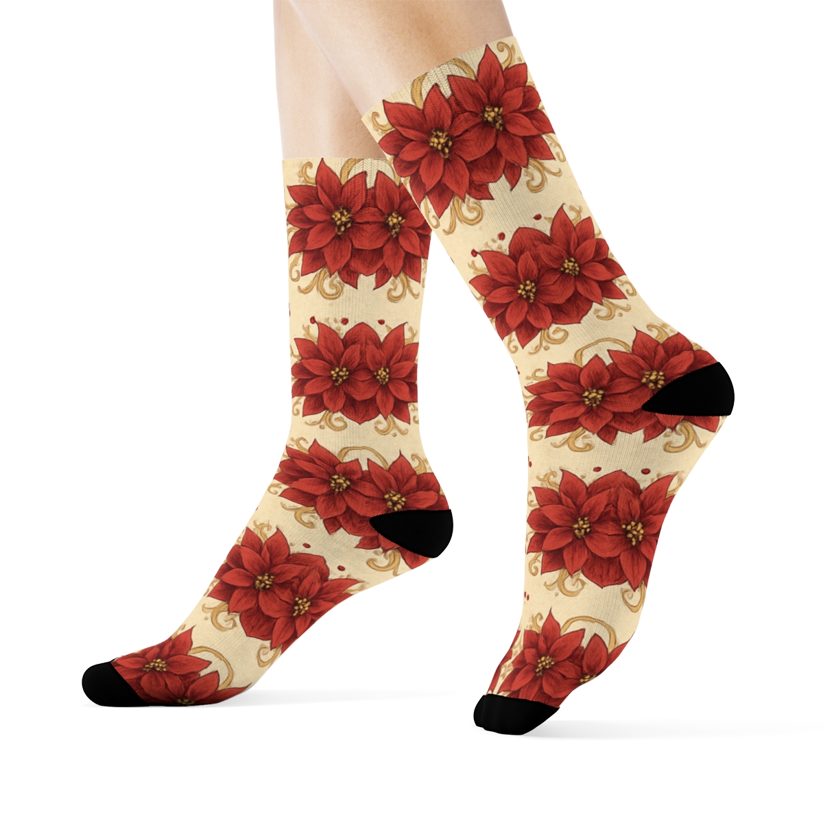 Vintage Poinsettia Wreath Bands On Ivory designer printed crew socks