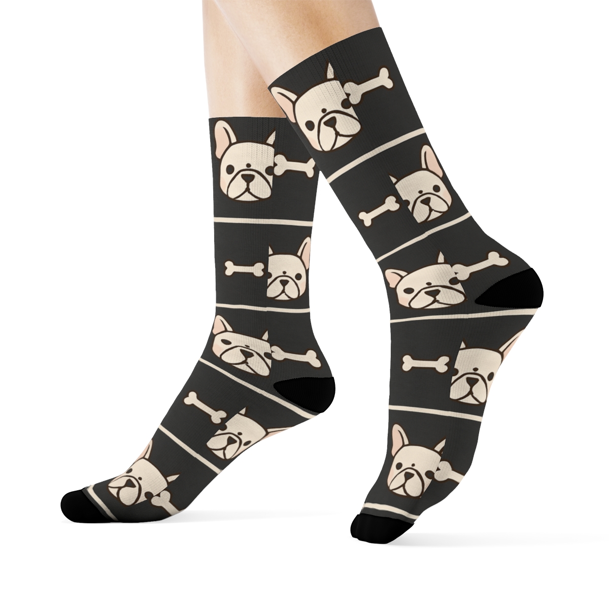 Minimal Bulldog Face And Bone Stripe Bands designer printed crew socksMinimal Bulldog Appearance and Bone Stripe Bands Crew Socks - Image 3