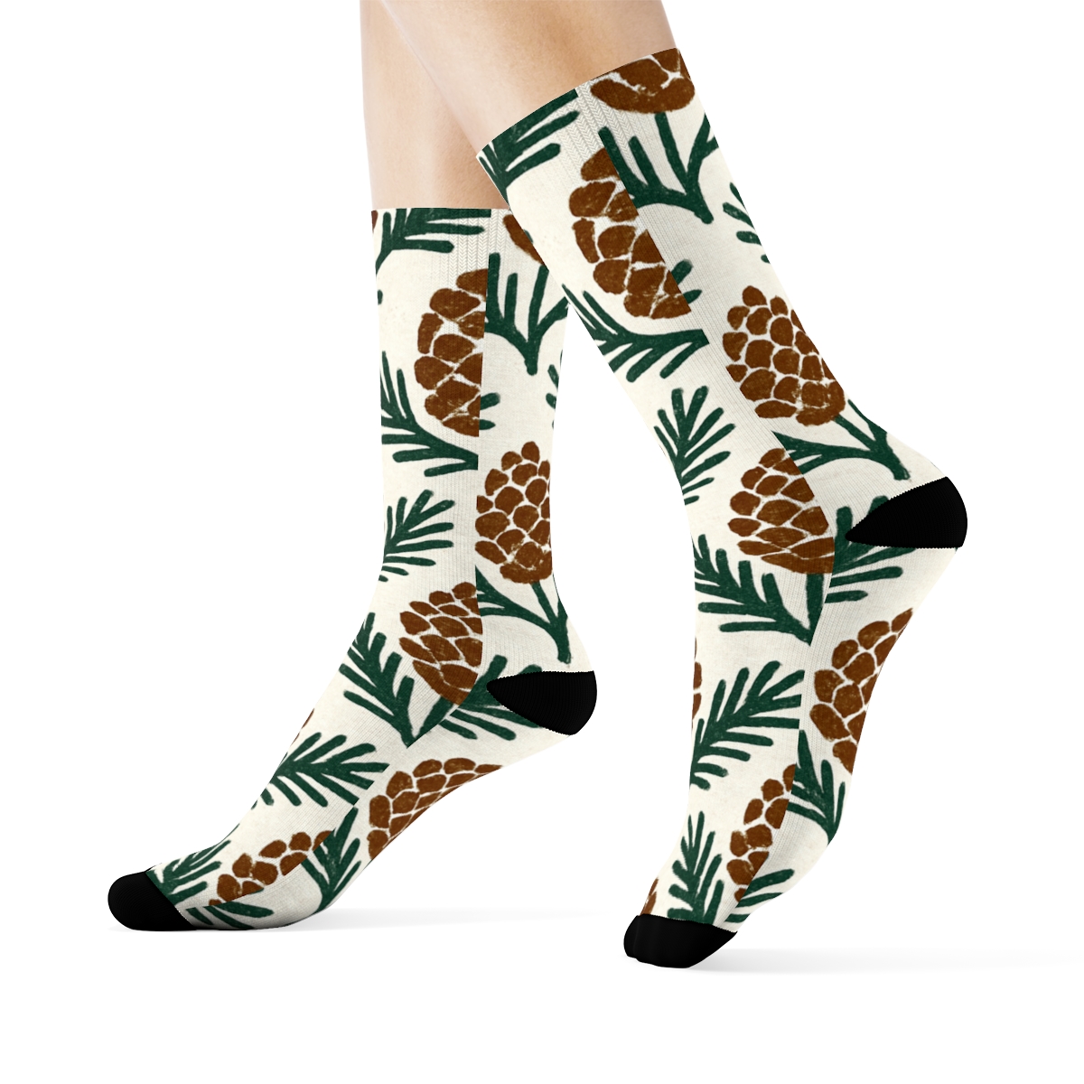 Evergreen Branches Pine Cone Tile soft everyday crew socks