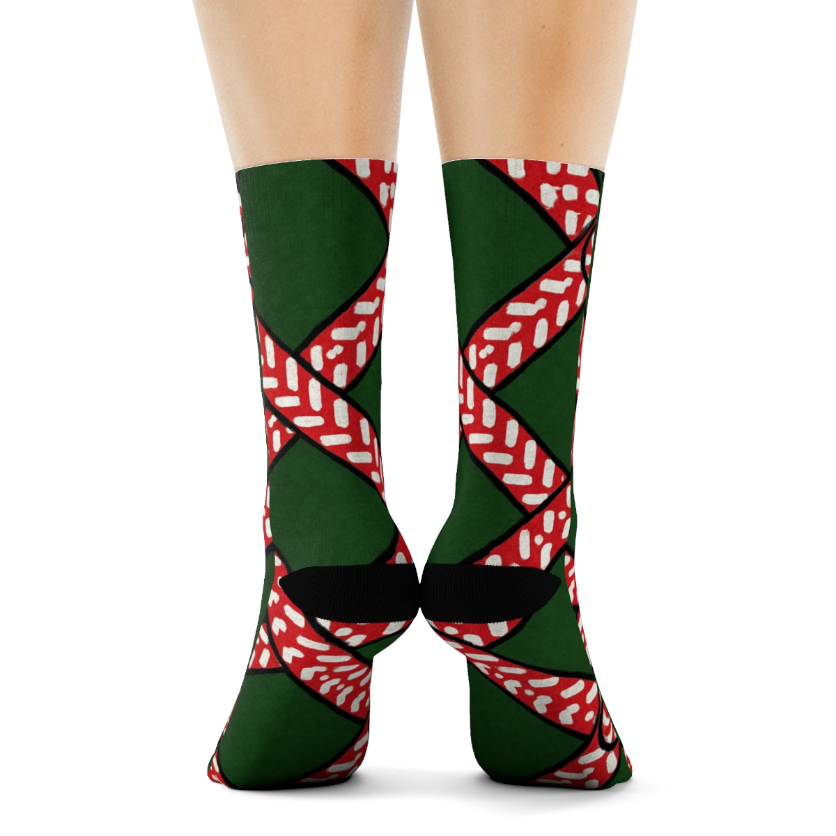 Crisscross Plaid Of Candy Canes Threads designer printed crew socks