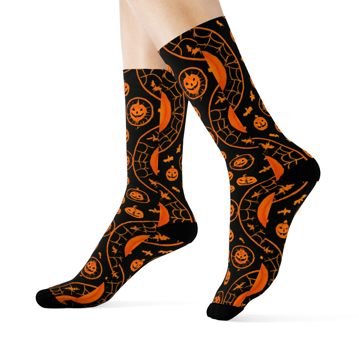 Orange Jack O Lantern Rosette Tiles On Black Background premium sports crew socks
