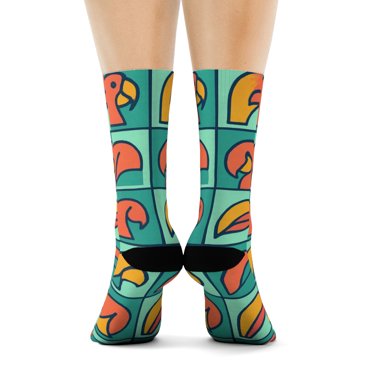 Parrot Plumage Patchwork Squares On Bright Mint Background trendy patterned crew socks