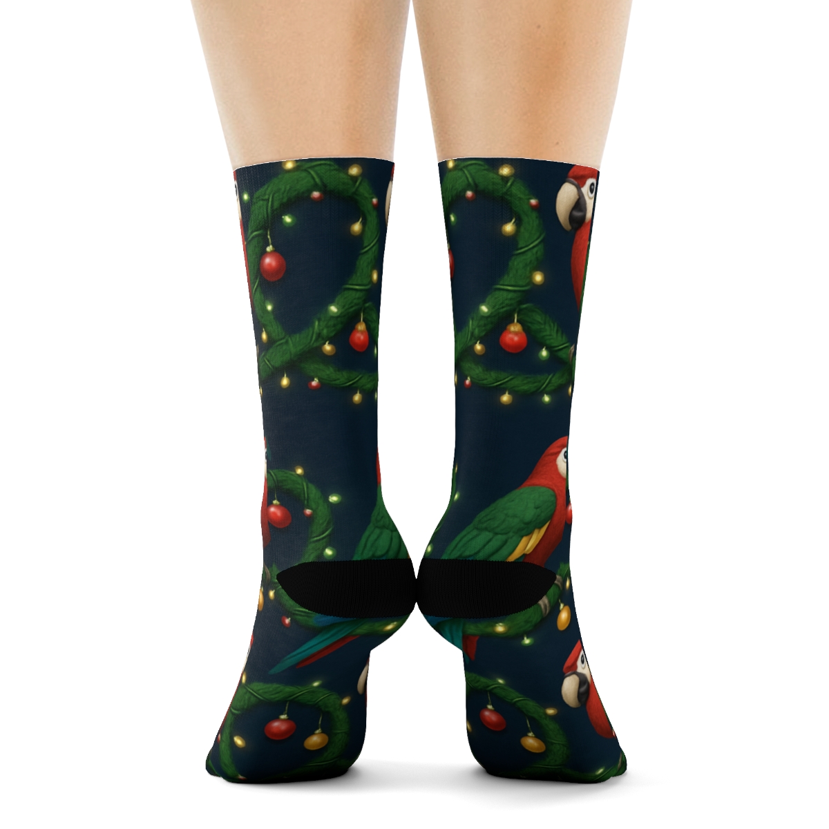 3D Parrot Garland Chain Repeat On Navy Blue Background designer printed crew socks