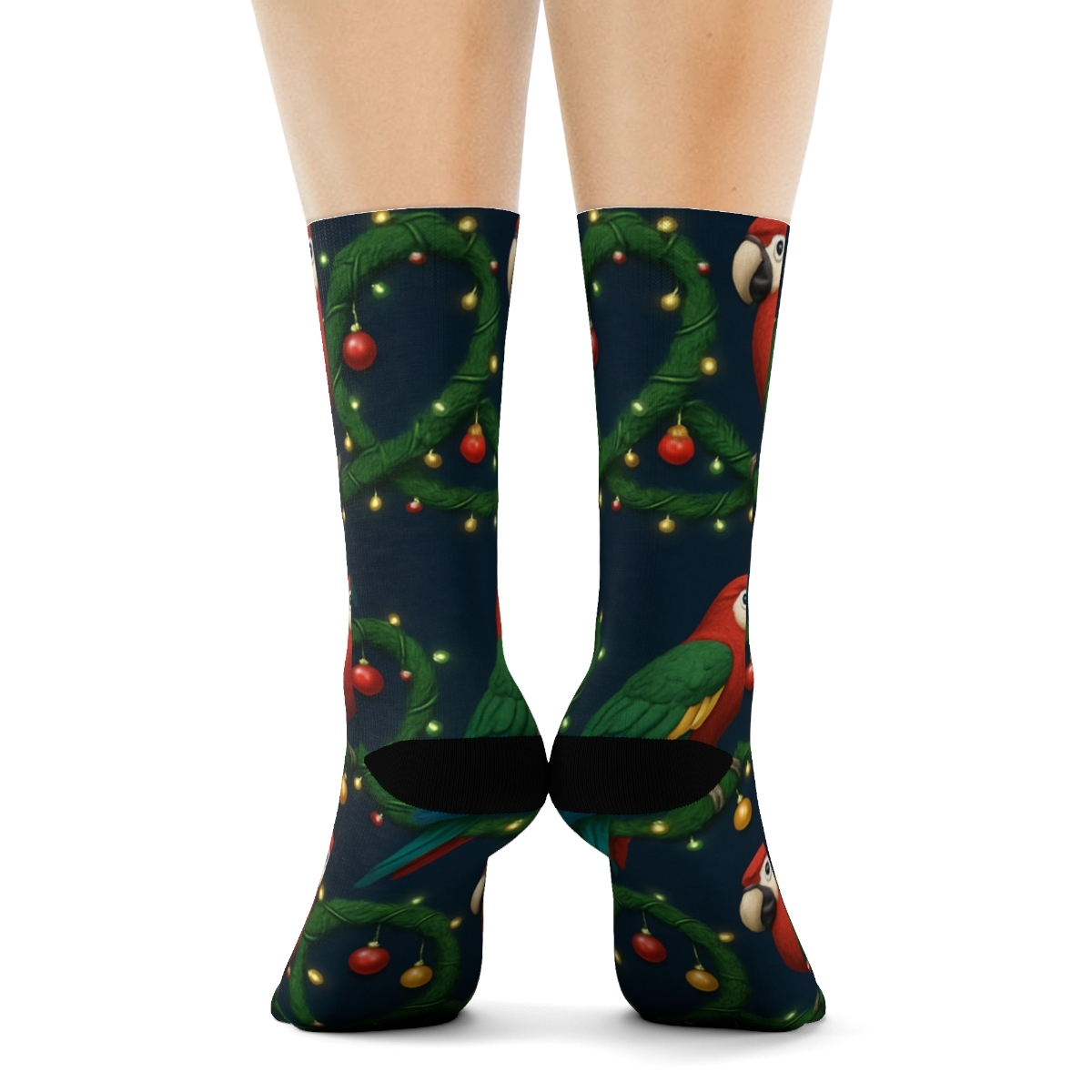 3D Parrot Garland Chain Repeat On Navy Blue Background designer printed crew socks
