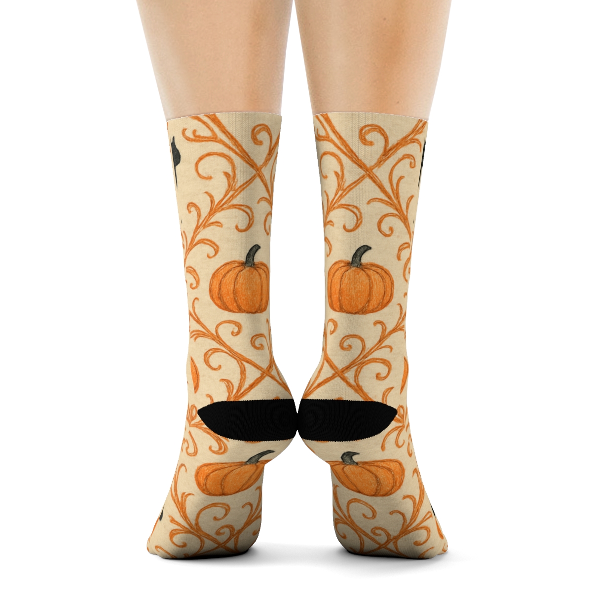 Pumpkin Vine Lattice And Black Cat Dots On Proper Neutral Background custom crew socks