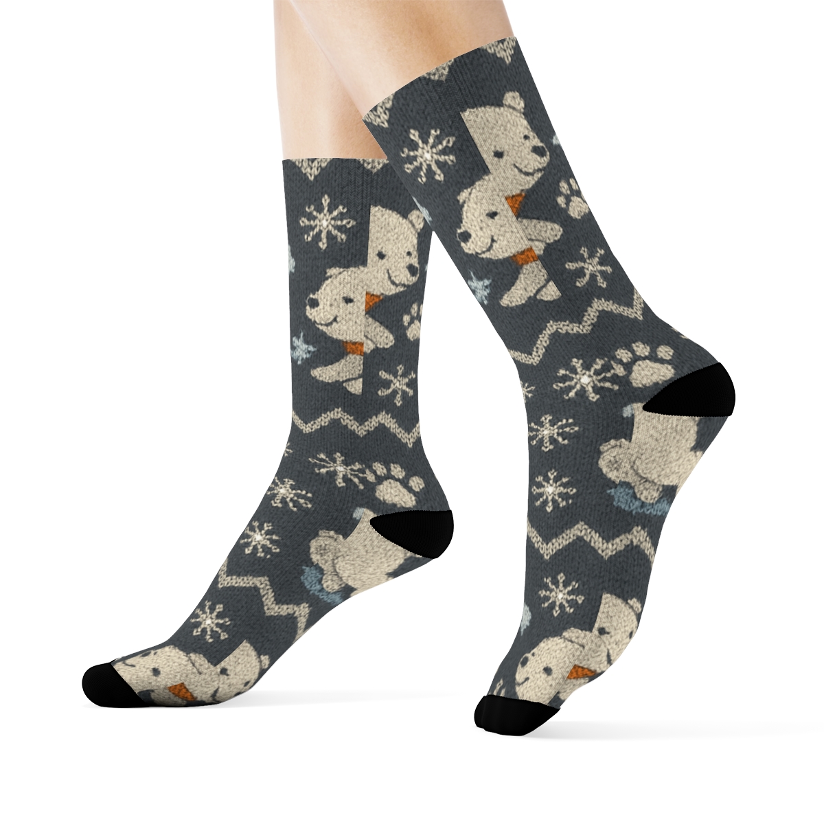 Knitted Illusion Snow Party, Playful Polar Bear Cubs stylish athletic crew socksKnitted Illusion Snow Party, Playful Polar Bear Cubs Crew Socks - Image 3