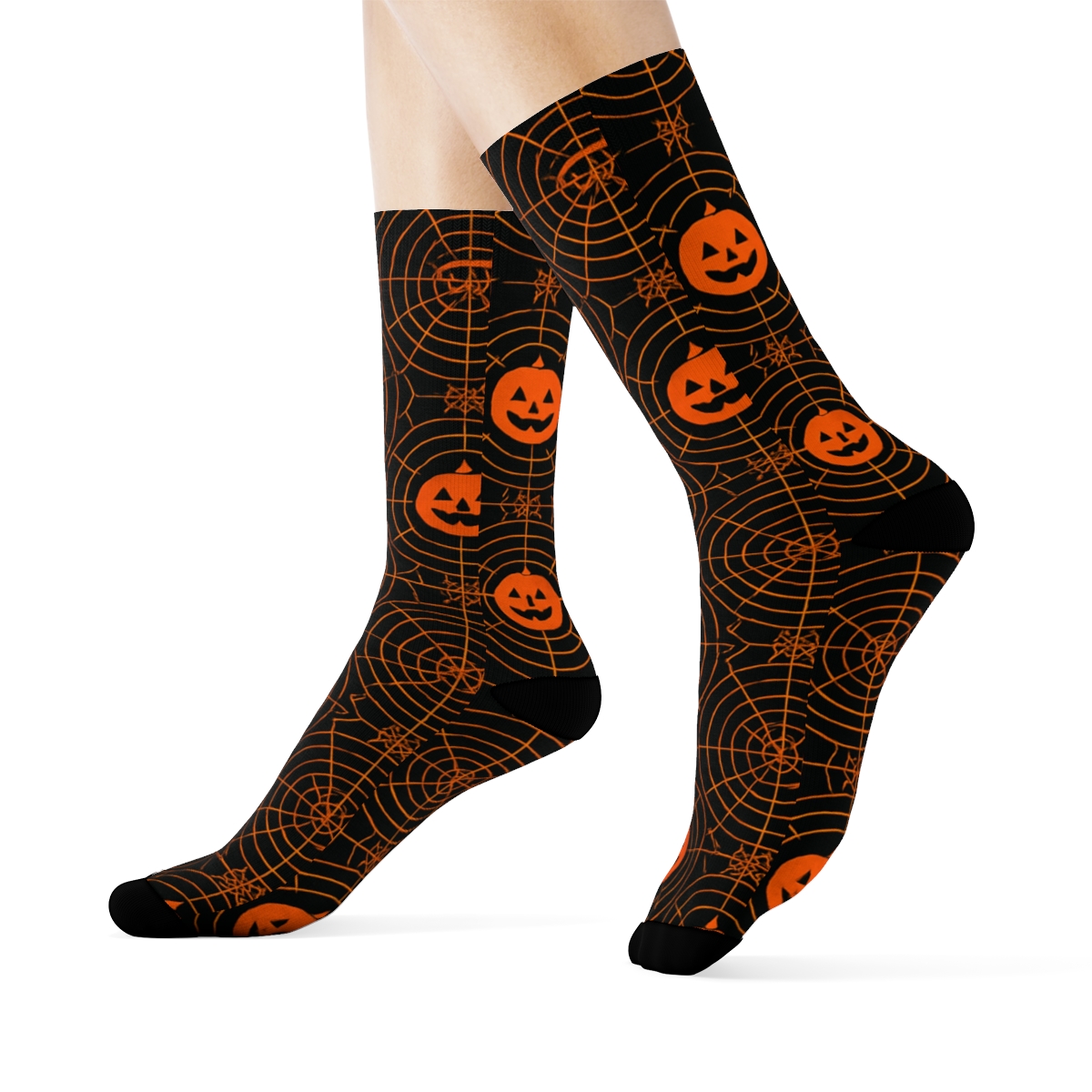Spider Web Medallion Overlay With Pumpkin Centers On Black Background personalized crew socks