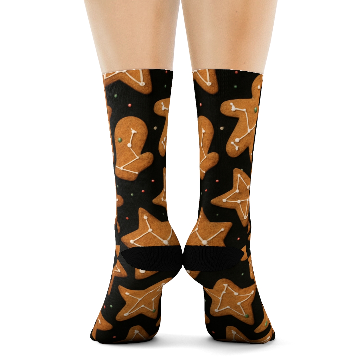 Black Background Xmas Gingerbread Constellation Scatter designer printed crew socks