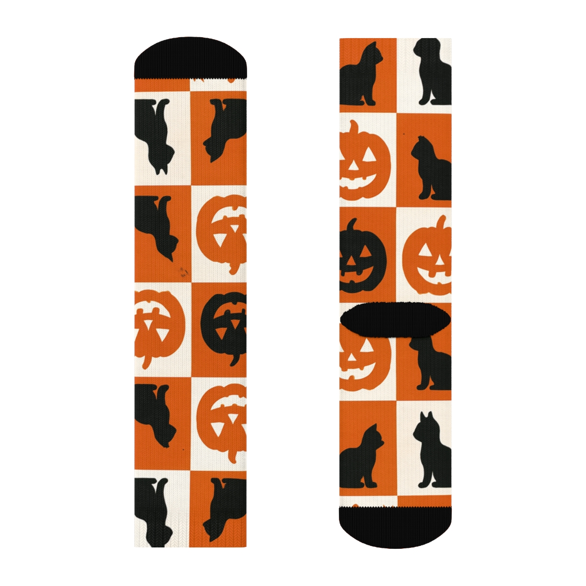 Black Cat And Pumpkin Checkerboard On White Background unique graphic crew socks