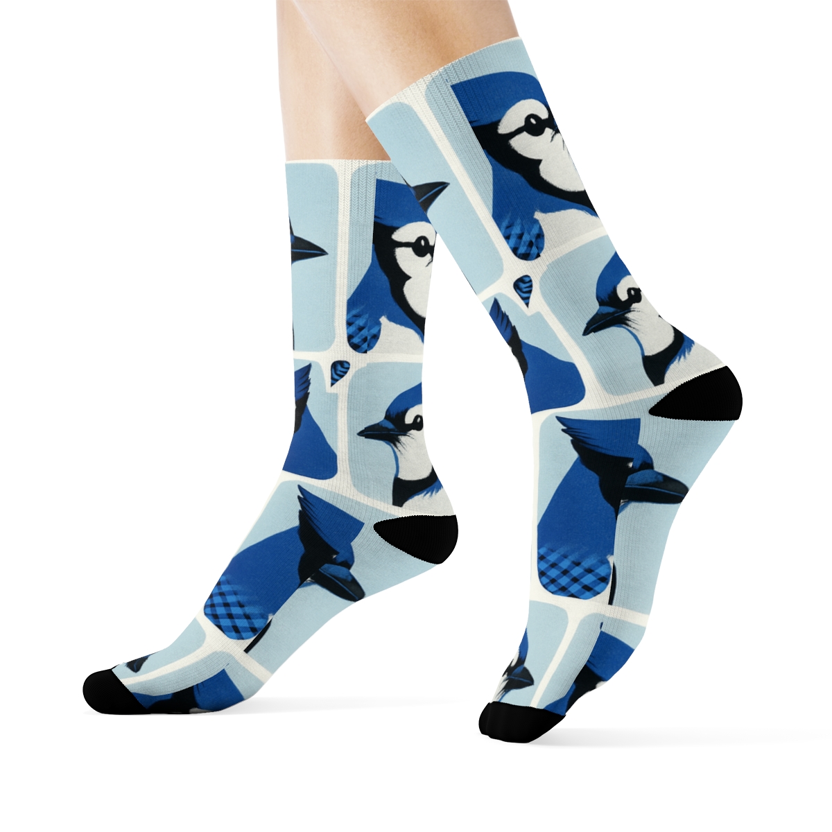 Blue Jay Masked Portrait Grid On Frost White premium sports crew socks