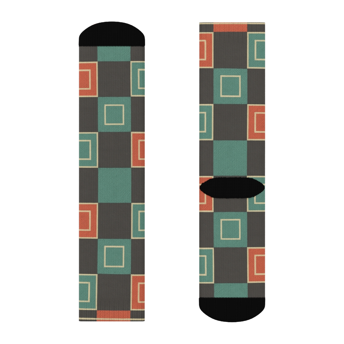 Bold Coral And Teal Nested Block Checks With Concentric Square Insets On Charcoal designer printed crew socks