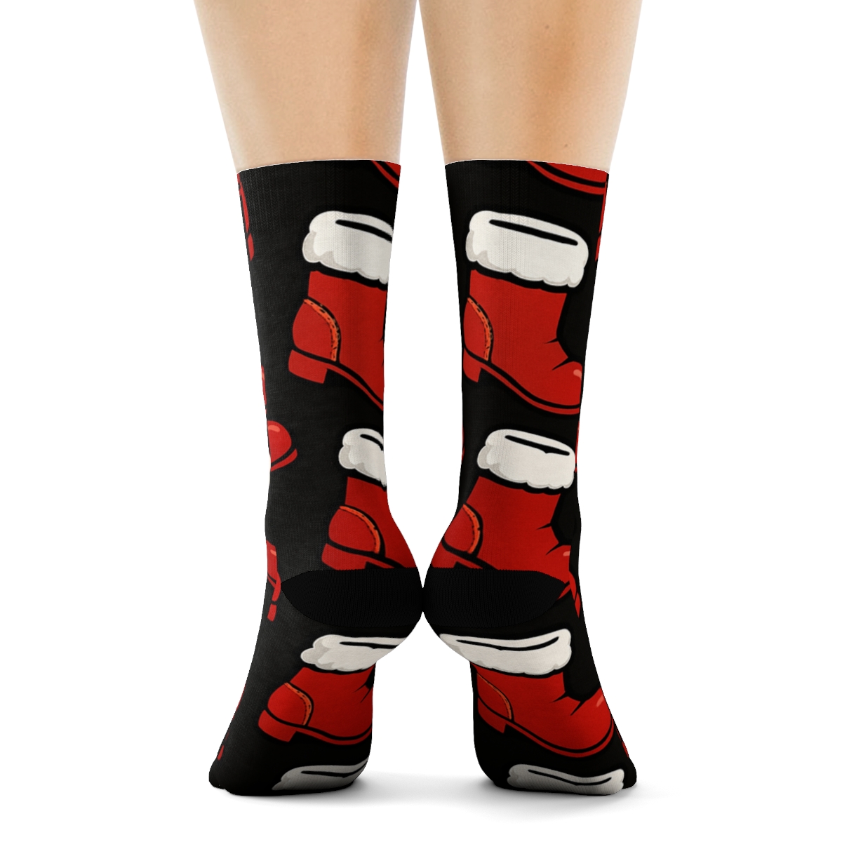 Boot Parade With Santa Rhythm On Black designer printed crew socks