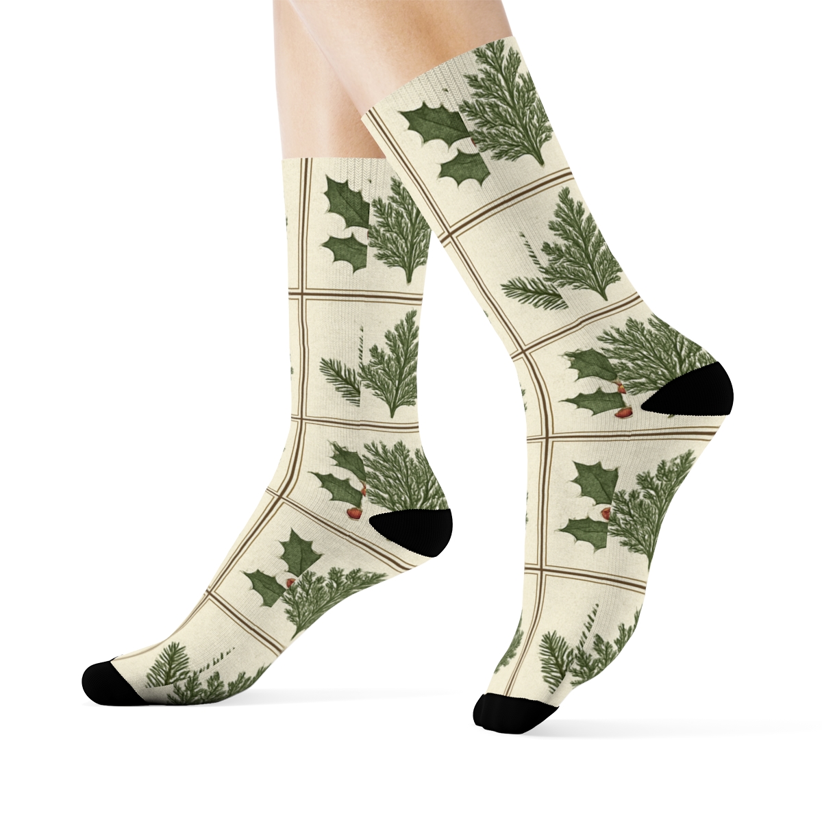 Botanical Grid With Evergreen Branches Sprig Medallions stylish athletic crew socks