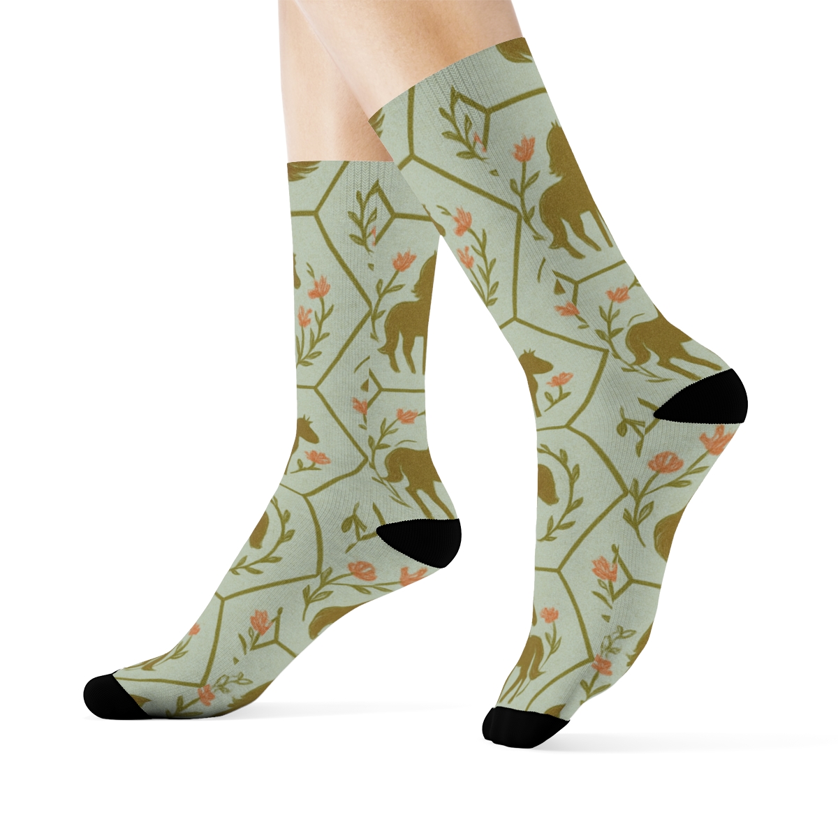 Botanical Lattice With Pony Silhouettes soft everyday crew socks