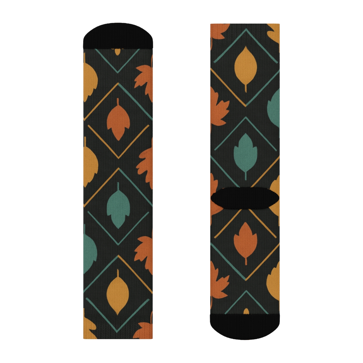 Burnt Orange Leaf Silhouette Lattice On Charcoal soft everyday crew socks