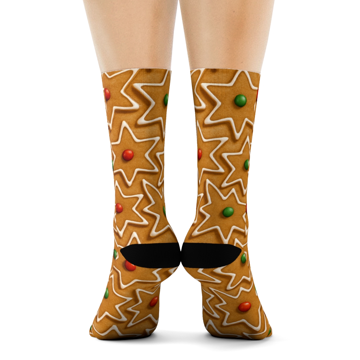 Gingerbread Star Holiday Tessellation On Tan unique graphic crew socks