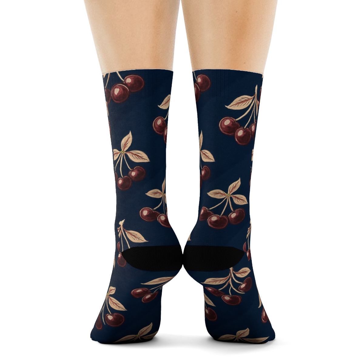 Diagonal Cherry Cluster Bands On Navy Blue designer printed crew socks
