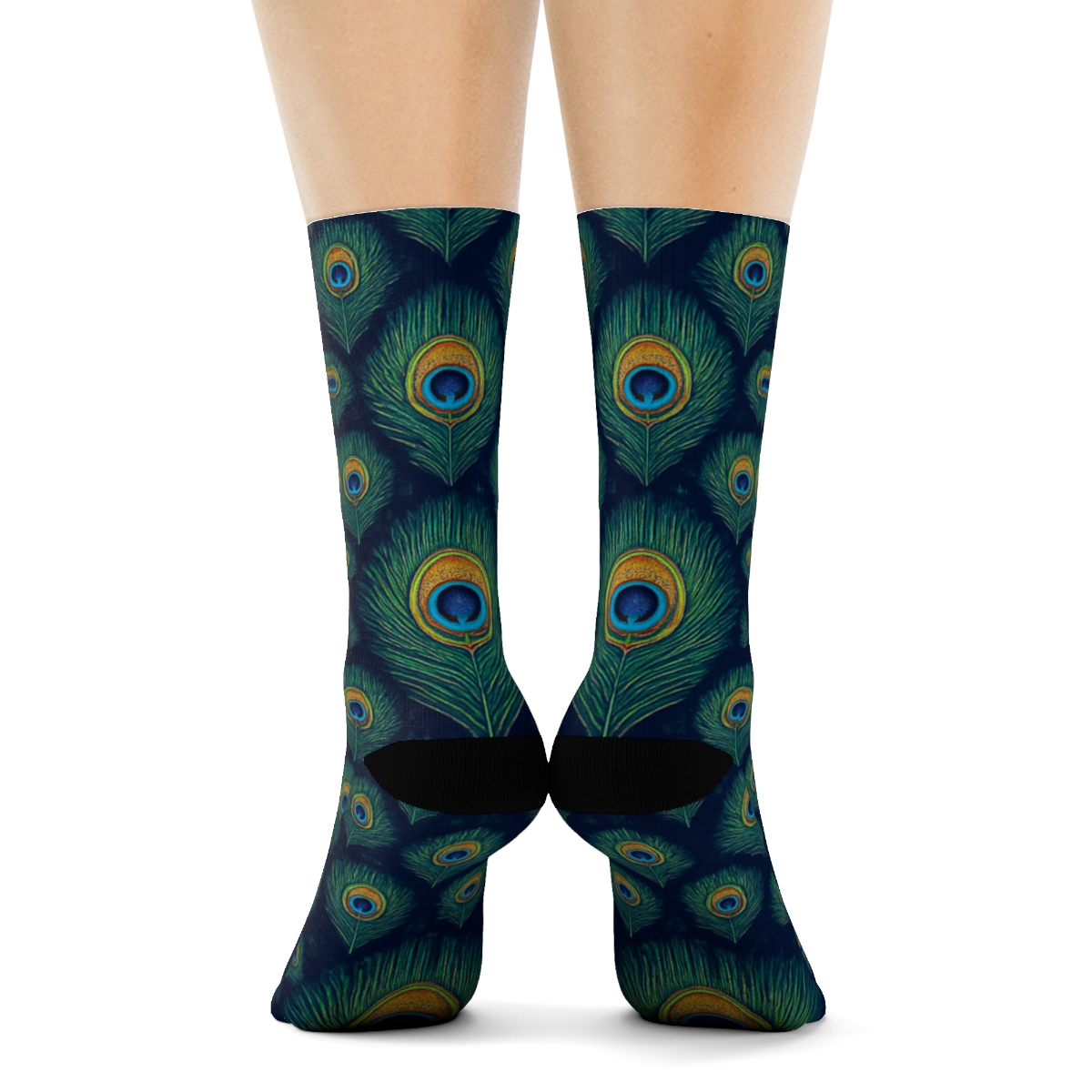 Peacock Eye Feather Grid On Navy Blue Background unique graphic crew socks