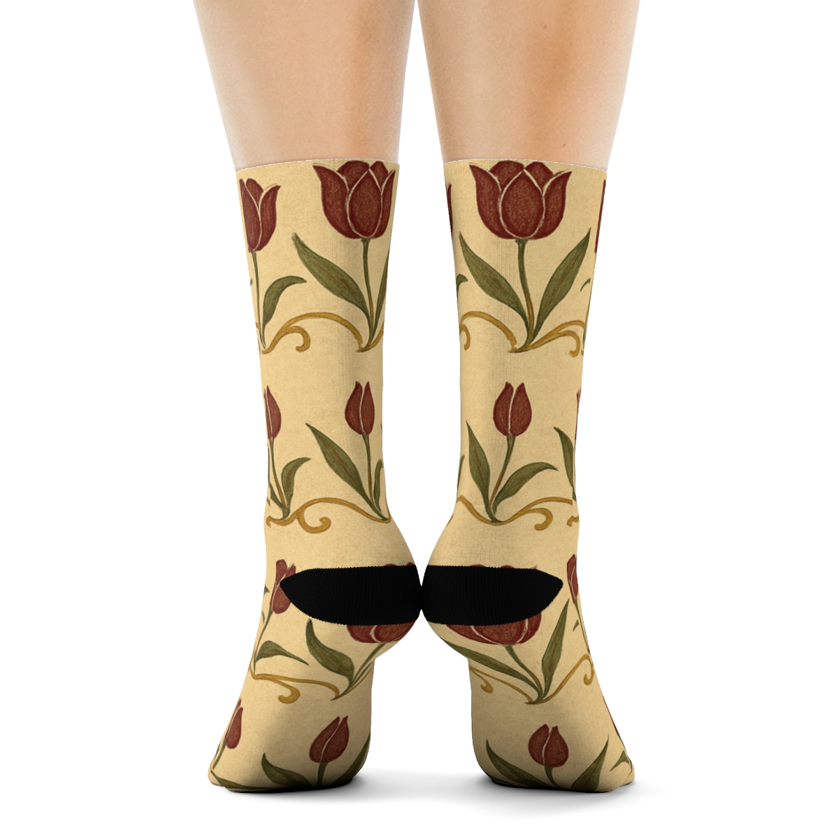Vintage Tulip Bands On Beige Background trendy patterned crew socksVintage Tulip Bands on Beige Background Crew Socks - Image 4