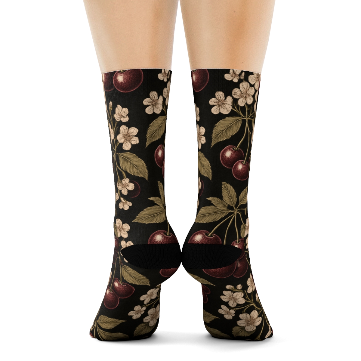Vintage Botanical Poster Look With Cherry Clusters soft everyday crew socks