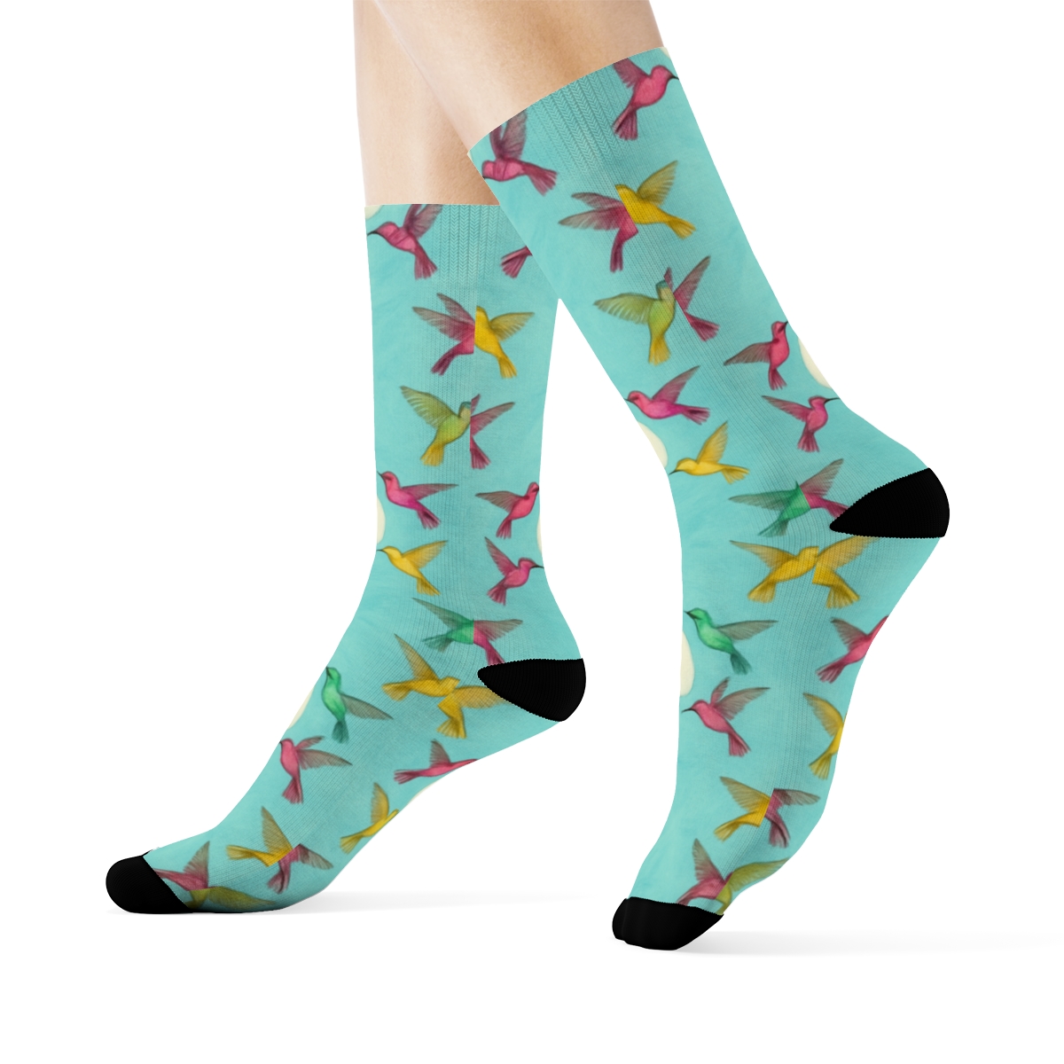 Hummingbird Halo Orbit Rings On Aqua Blue custom crew socks