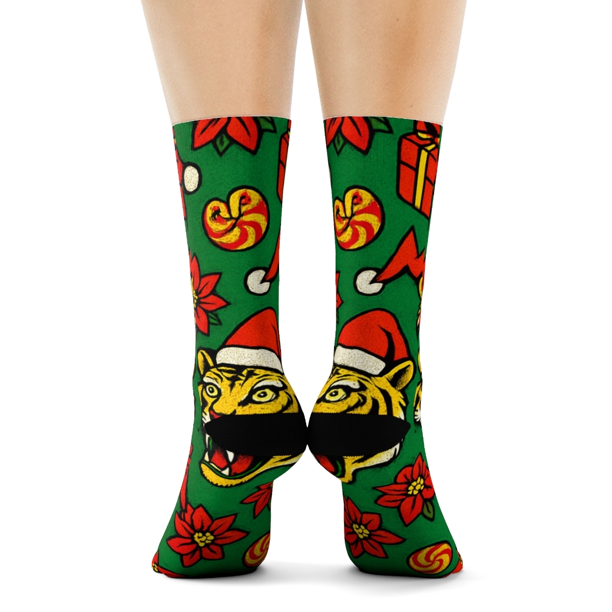 Pop Art Tiger Poinsettia Burst Scatter On Green Background trendy patterned crew socks