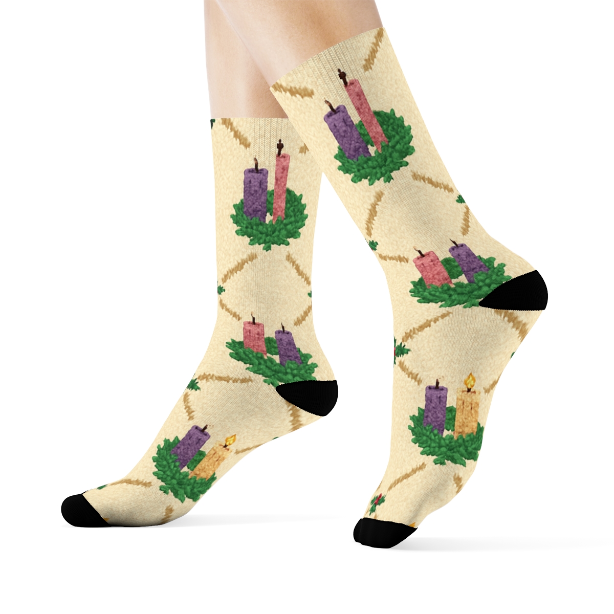 Advent Candles Knit Wreath Lattice unique graphic crew socks