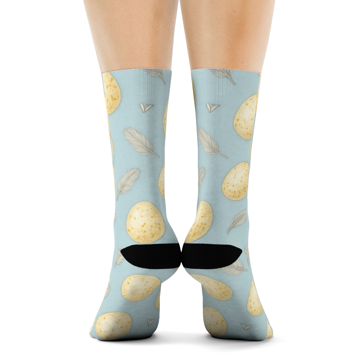 Canary Egg Scatter With Feather Sprigs On Pastel Sky Blue Background custom crew socks
