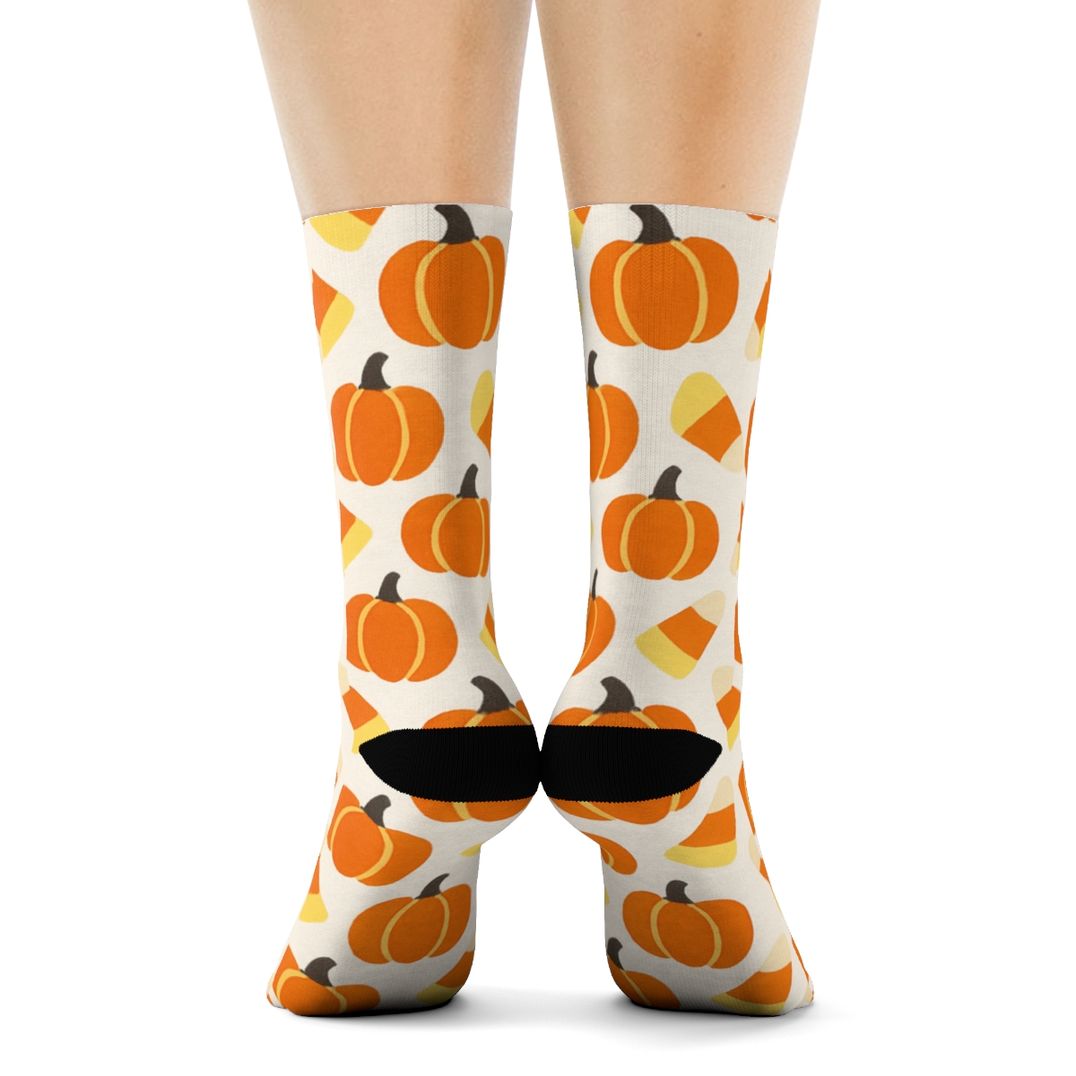 Candy Corn And Pumpkin Herringbone On White Background premium sports crew socks