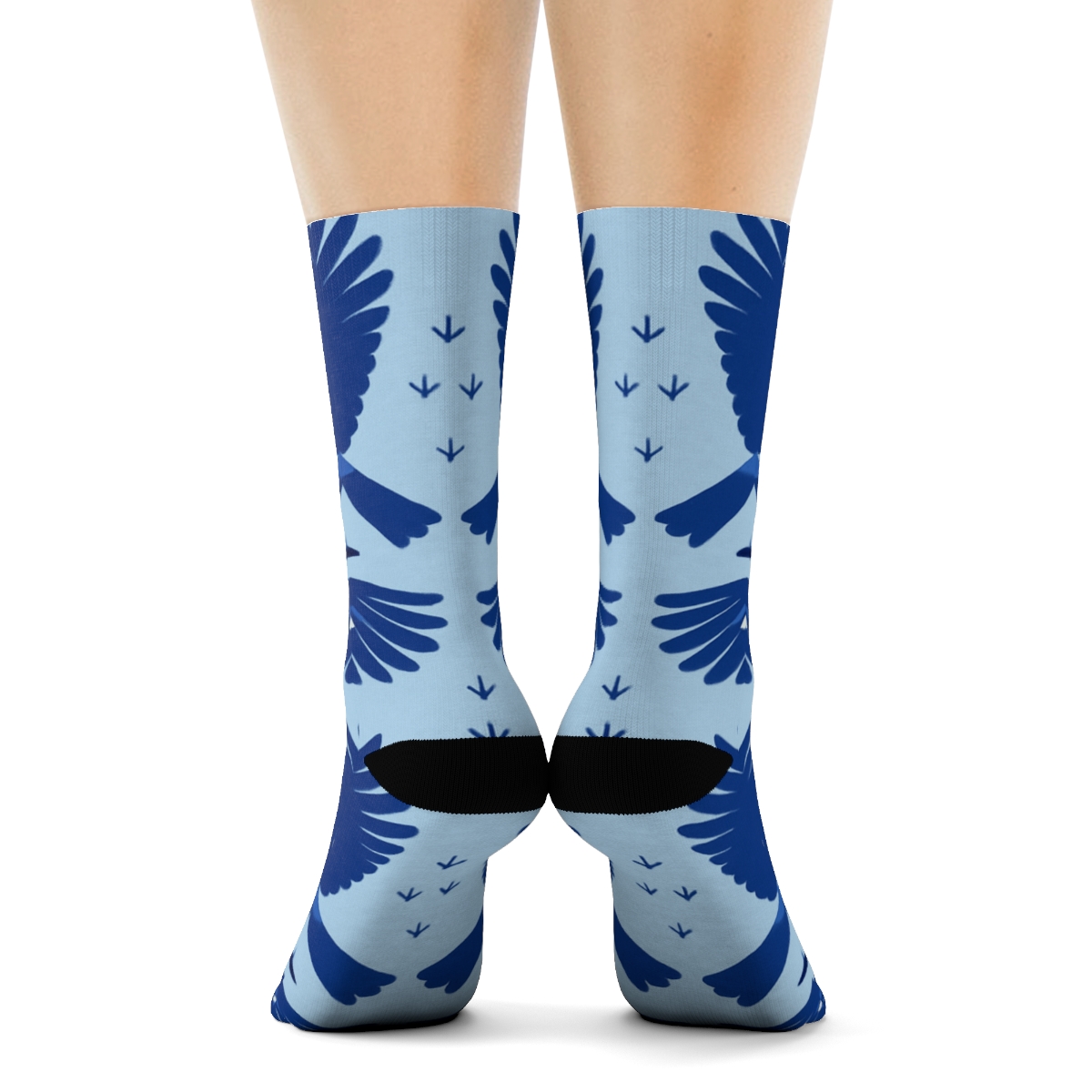 Blue Jay Flight Mirror Panels On Sky Blue Background unique graphic crew socks