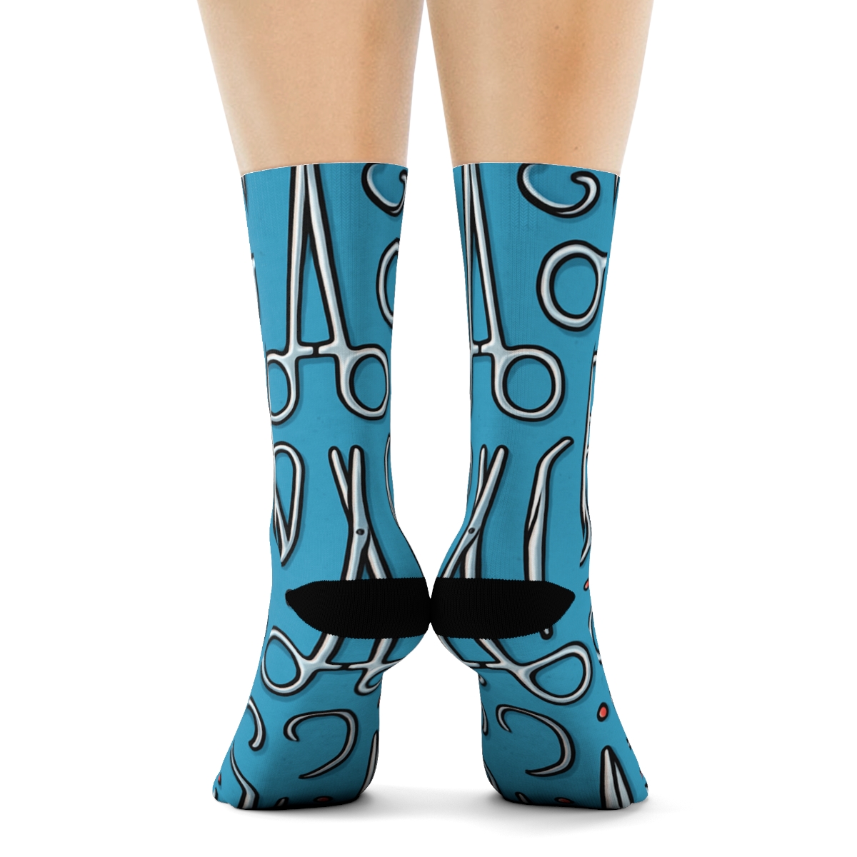Tiled Surgeon Instrument Parade On Surgical Blue designer printed crew socks