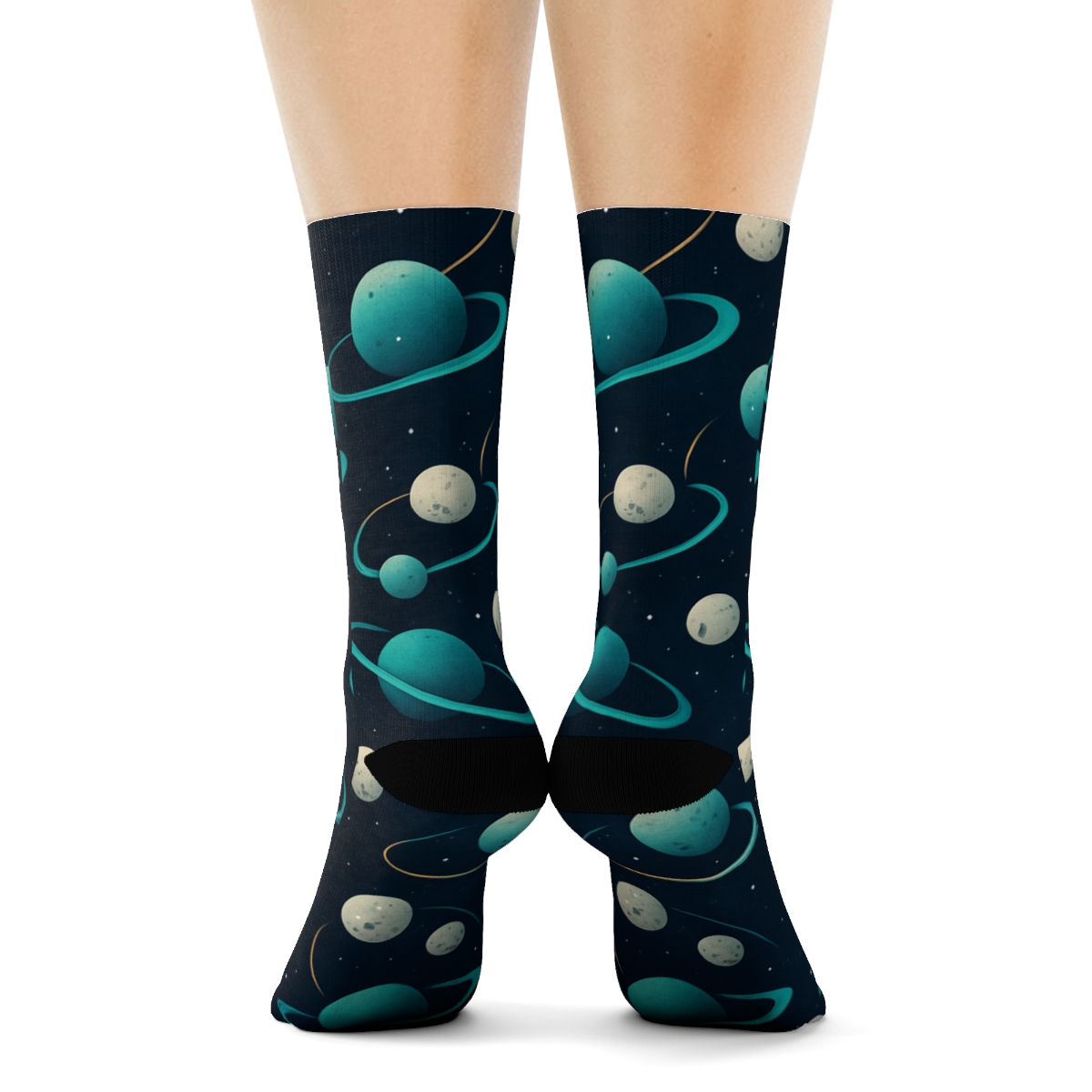 Ionized Teal Orbital Band Tessellation On Deep Navy Background premium sports crew socks