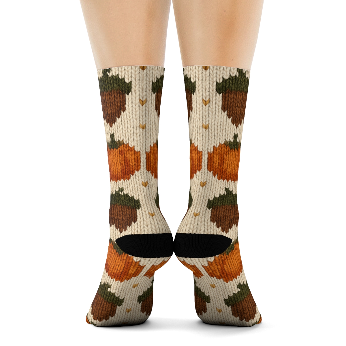 Knitted Pumpkin And Acorn Fair Isle On Creamy Beige Background comfortable cotton crew socks