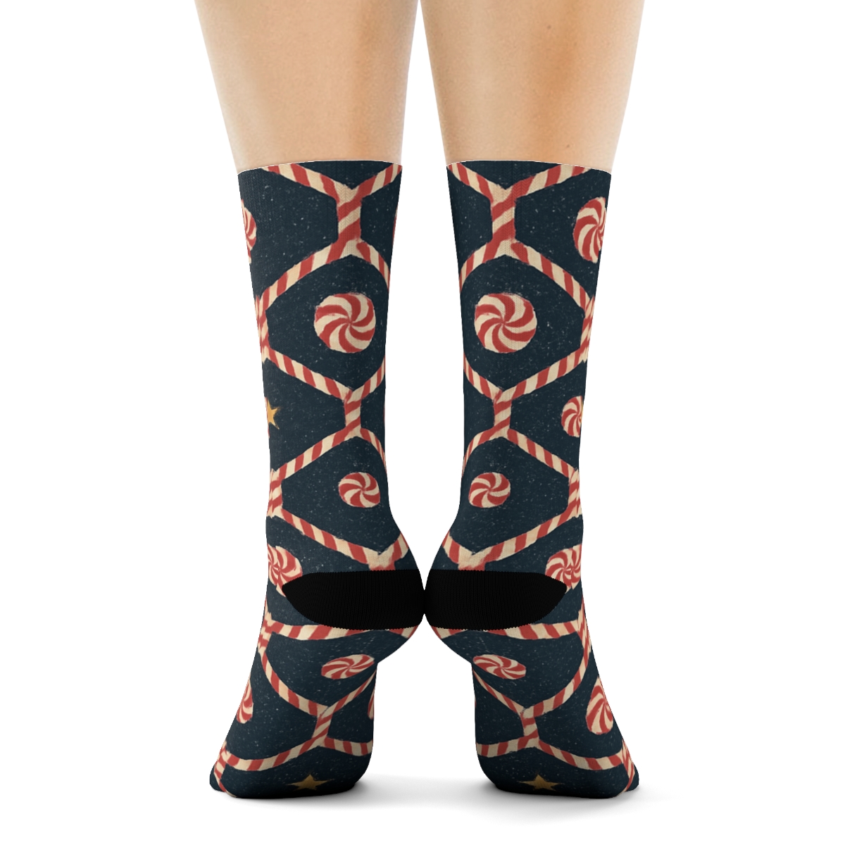 Candy Cane Lattice With Candy Canes Micro Texture On Navy stylish athletic crew socks