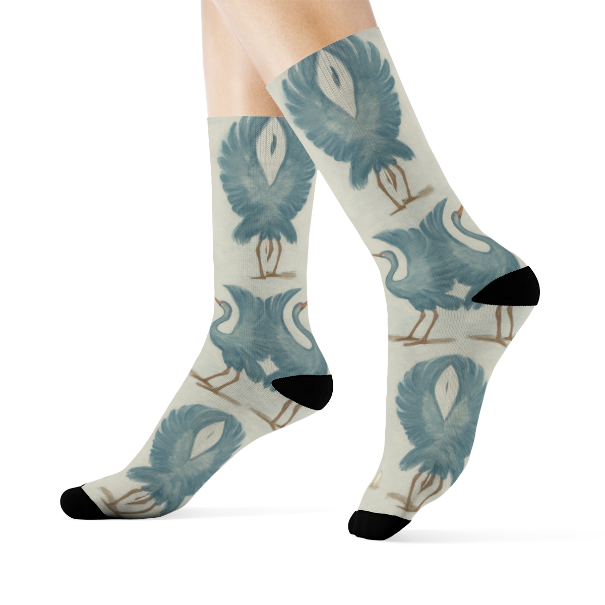 Crane Courtship Mirror Dance On Light Gray Background designer printed crew socks