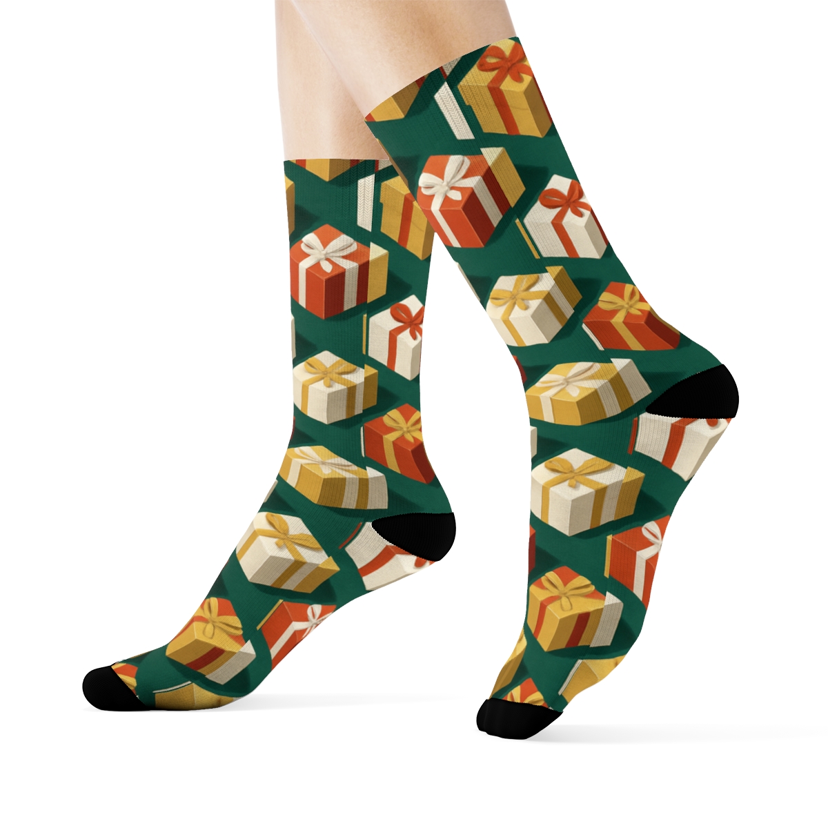 Holiday Gift Box Ribbon Mosaic On Emerald unique graphic crew socks