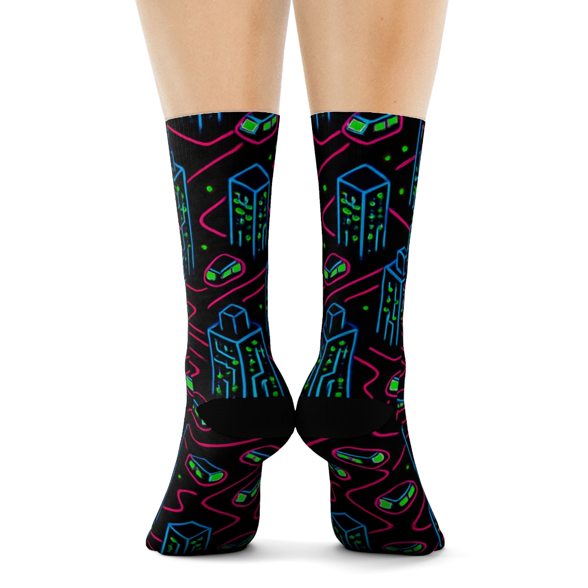 2025 Neon Metro Circuit Skyline unique graphic crew socks