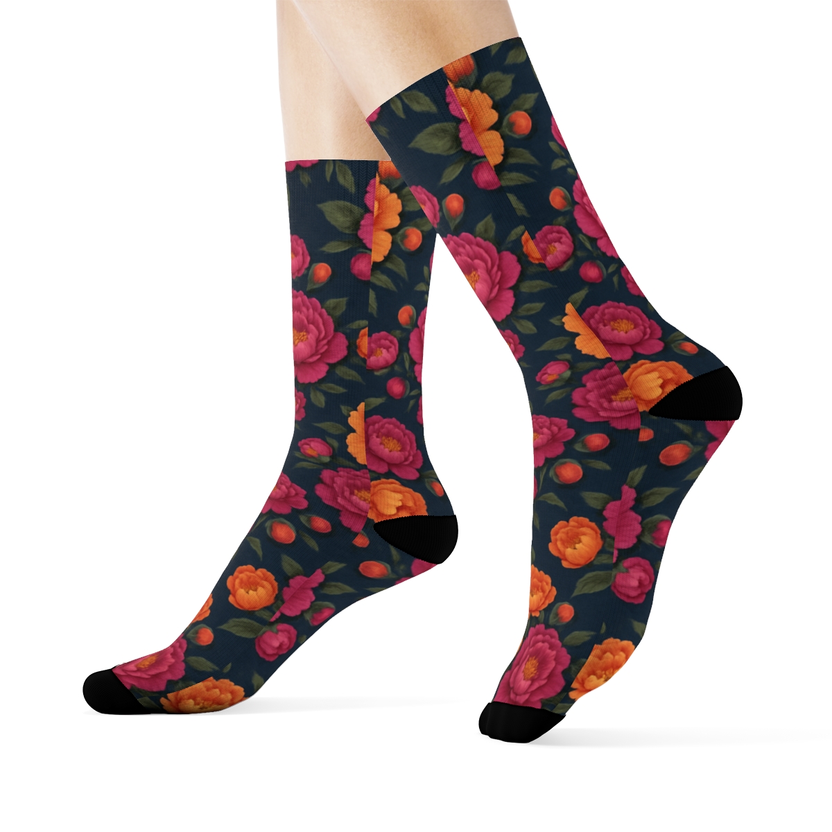 Sunset Peony Medallion Tessellation On Deep Navy Background unique graphic crew socks