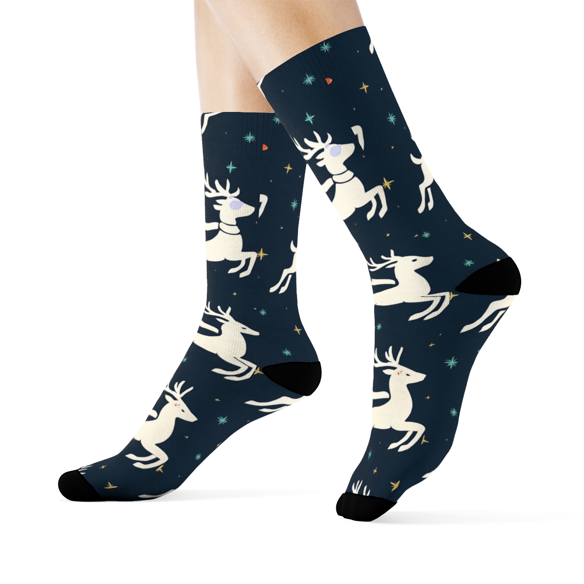 Midnight Blue Reindeer Parade Rudolph Pattern designer printed crew socks