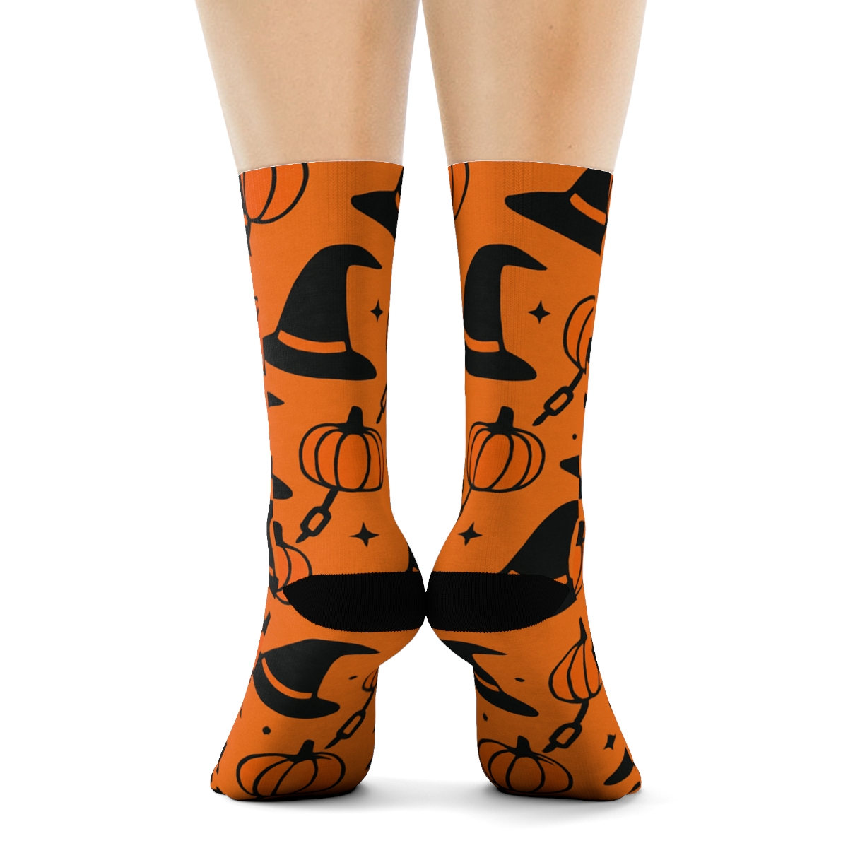 Witch Hat And Pumpkin Diagonal Chain On Orange Background unique graphic crew socks