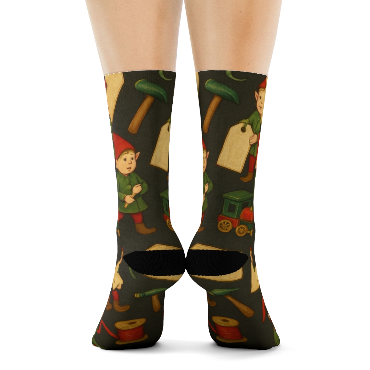 Elf Workshop Holiday Collage Scatter unique graphic crew socks