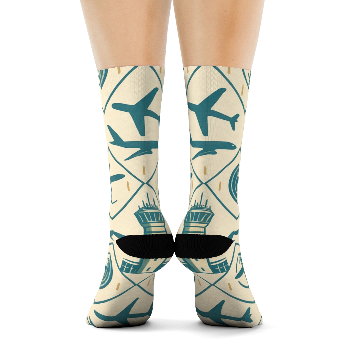 Control Tower Lattice With Air Traffic Controller Motifs designer printed crew socks