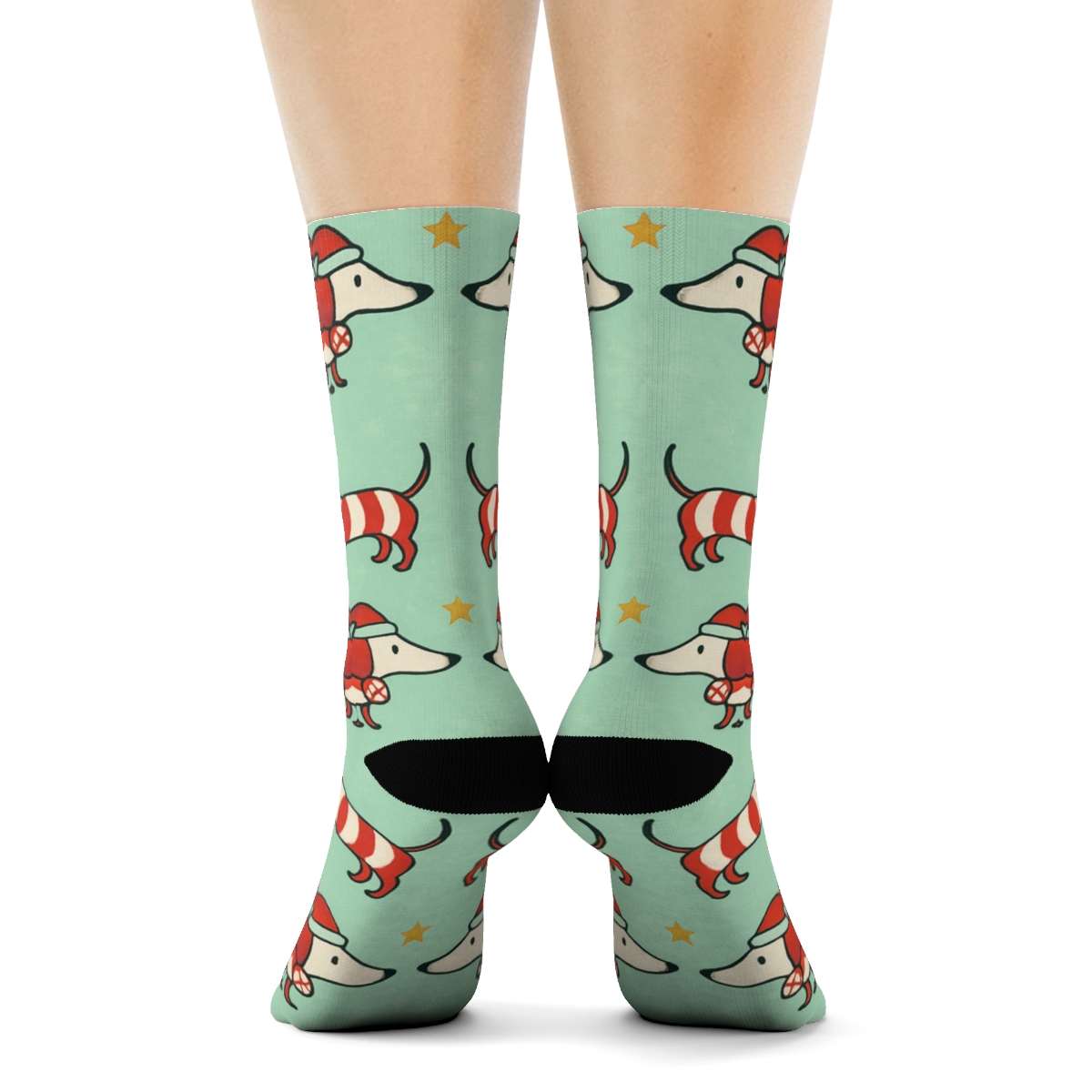 Candy Cane Dachshund Mirror Pairs On Mint Background unique graphic crew socks