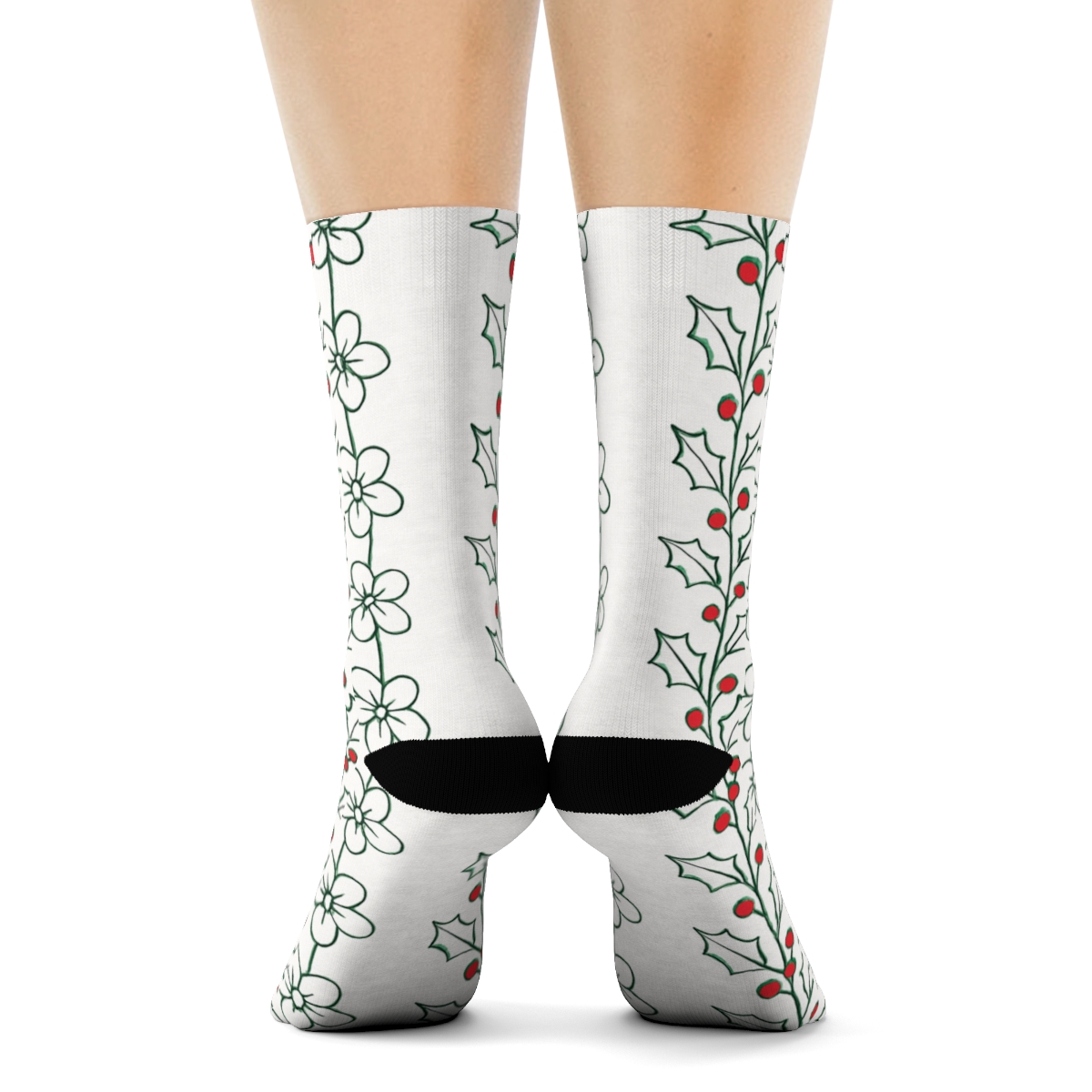 Evergreen Holly Garland Stripe trendy patterned crew socks